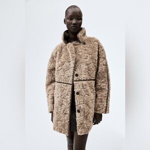 H&M Fluffy Coat Faux Fur Teddy Coat Brown Button Front Jacket Size Small